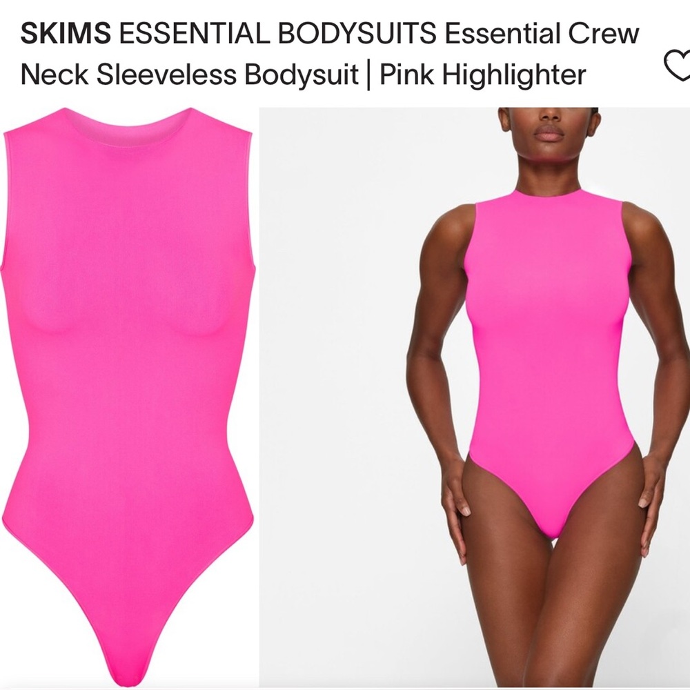 NEW SKIMS ESSENTIALS CREWNECK SEAMLESS BODYSUIT in PINK HIGHLIGHTER L/XL